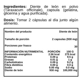 Diente De León Polvo - 60 Cápsulas - Suplemento Alimenticio Sabor Sin sabor                                                                           