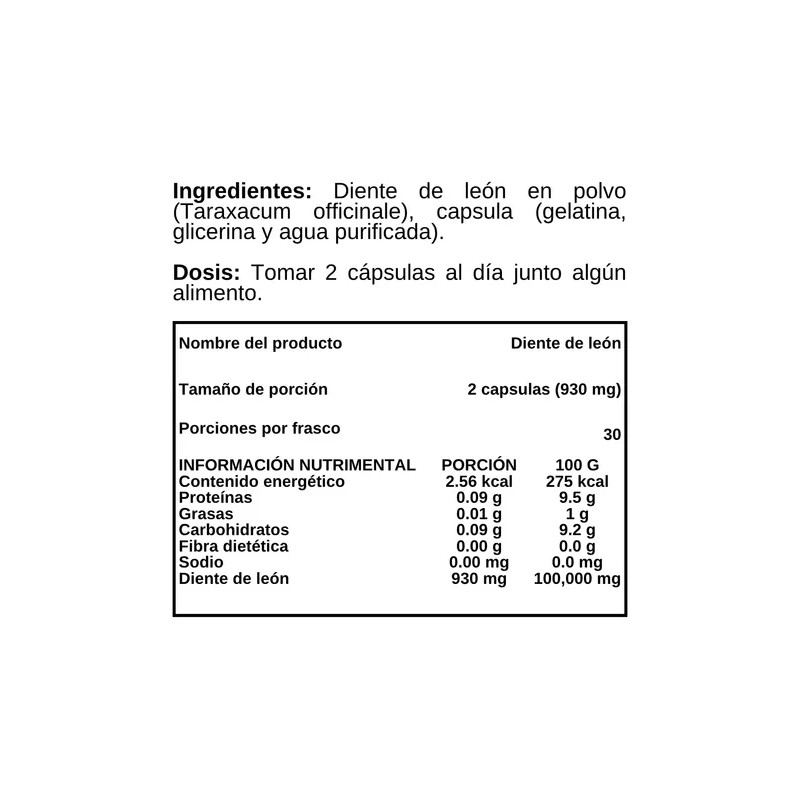 Diente De León Polvo - 60 Cápsulas - Suplemento Alimenticio