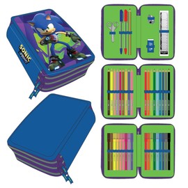 Sonic Prime Pencil Case with Accessories - Purple and Blue - 12.5 x 6.5 x 18.5 - Made of Polyester - Pencil Case with Three Compartments and Zip - Original Product Designed in Spain