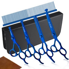 Safety Round-tip Scissors Set Professional PET Dog Grooming Coated Titanium Scissors Suit Cutting&Curved&Thinning Shears (Blue)