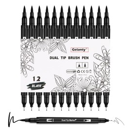 Gelanty Felt Tip Pens Black, Pack of 12 Dual Brush Pen Set, Fineliner Pens Set, Felt Tip Pens Thick and Thin for Art Drawing, Sketching, Colouring Book