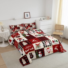 Manfei Christmas Comforter Set Twin Size, Deer Tree Snowman Santa Claus Print Quilt Set with 1 Pillowcase, Plaid Grid Print Bedding Set 2pcs for Kids Boys Girls Bedroom Decor