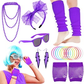 19Pcs Ladies 80s Accessories, Purple 80s Fancy Dress for Women with Lightning Earrings Necklace Fishnet Gloves Headband for Retro Parties Hen Do Parties Girls Kids-Purple