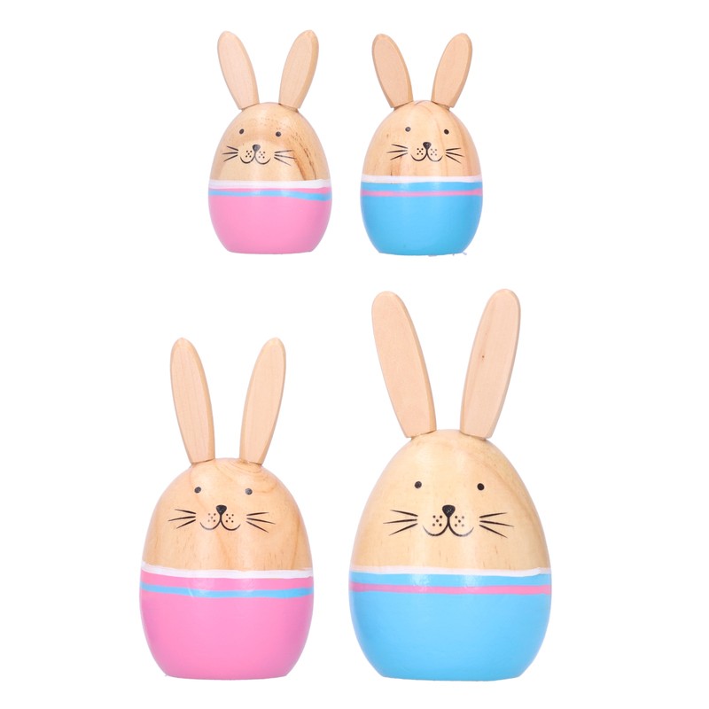 Wood Rabbit Family Figures Handcraft Decoration Ornament for Living Room