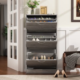 ECACAD 3-Drawer Shoe Storage Cabinet with Ventilate Doors, Wood 3-Tier Shoe Rack Storage Organizer for Entryway, Hallway, Grey (22.4”W x 9.4”D x 42.3”H)