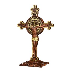 BGCOPPER Saint Benedict Crucifix Wall Cross, Wooden Jesus Cross with Stand, Table Wood Cross Standing Catholic Crucifix Christmas Gift (10 Inch)