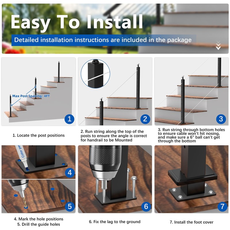 Zylorix 42" Cable Railing Post T304 Stainless Steel Angled Drilled