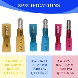 RUNCCI-YUN Pack of 100 Heat Shrink Butt Connectors, Cable Connectors, Bullet Butt Connectors, Cable Lugs, Crimp Connectors, Automotive, Waterproof, Insulated, Wire Terminal (Red 40+ Blue 40 + Yellow