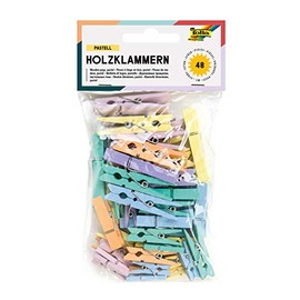 folia 2289 Wooden Pegs, Pastel Pack of 48, in 3 Different Sizes and 6 Different Colours, Ideal for Attaching Notes, Pictures or for Creative Work