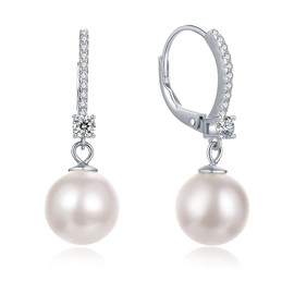 SWJEWEL Pearl Dangle Earrings 925 Sterling Silver Freshwater Pearl Leverback Earring with 3A CZ Diamond Cubic Zirconia 18k Gold Plated Hypoallergenic Drop Charm 10mm for Women Bridal (Silver)