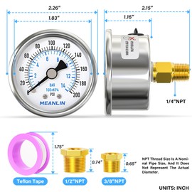MEANLIN MEASURE 0~200Psi Dry Pressure Gauge Stainless Steel 1/4" NPT 2" FACE DIAL Waterproof for Air Compressor Air Regulator Water Filter Center Back Mount, with 1/2" NPT and 3/8" NPT Hex Bushing