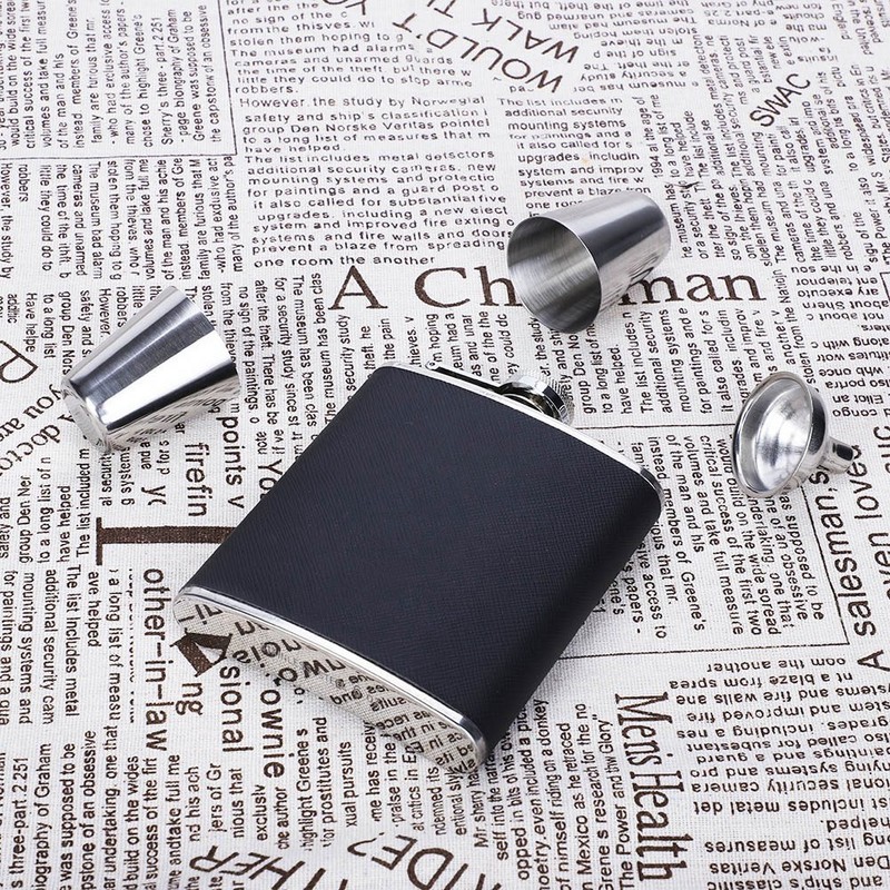 Stainless Steel Hip Flask Black Leather Funnel with Two Wine