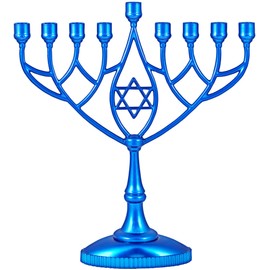 Zion Judaica Classic Geometric Menorah Chanukiah 9" Silver Plated Chanukah Candle Minorah Fits Standard Hanukkah Candles Traditional Shape Chanukkah Menora - Metallic Blue
