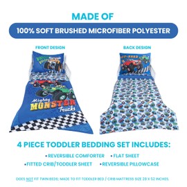 Todays Kids Monster Trucks Toddler Bedding Set for Boys - 4-Piece Toddler Bed Comforter Sets for Boys, Reversible Comforter & Pillowcase, Flat Sheet, Fitted Sheet, Breathable & Super Soft Microfiber