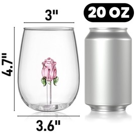 Pumtus Set of 2 Stemless Wine Glassware with Rose Inside, 20 OZ Large Stemless Floral Wine Glasses, Unique Short Wine Tumbler, Romantic Fancy No Stem Beverage Cup for Lover Gift, Wedding, Bar