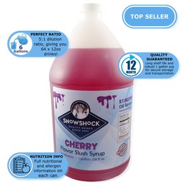 SnowShock Slush Syrup, 1 Gallon Concentrate, 5:1 Dilution, for Slushie Machines (Cherry)