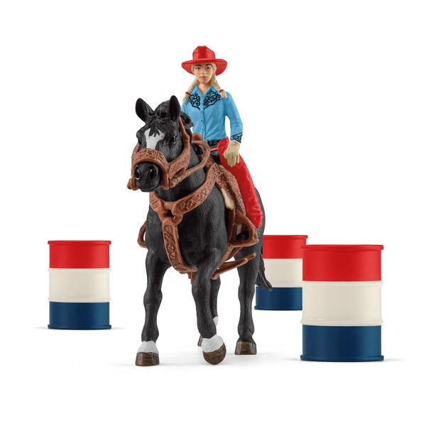 Schleich Farm World 3-Barrel Rodeo Racing Playset - Cowgirl Rodeo Racing Toy Set with Horse, Realistic Western Rodeo Farm Animal Toys and Accessories, 7-Piece Kids Toy for Boys and Girls