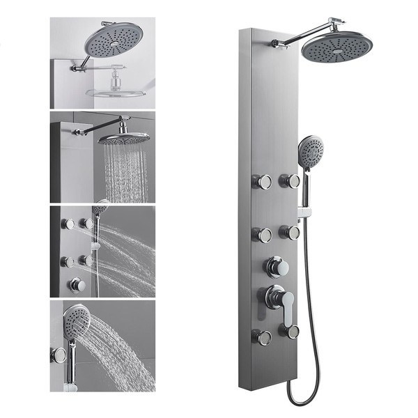 ROVOGO 304 Stainless Steel Shower Panels System with 8-inch Rainfall Shower, 6 Body Jets and 5-Setting Handheld Shower Wand, Shower Tower with Adjustable Head, Stainless Steel Brushed