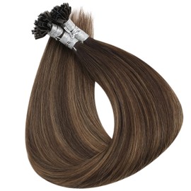 Full Shine Keratin Nail Tip Hair Extensions Prebonded Fusion Hair Extensions 14 Inch U Tip Hair Extensions Human Hair 2 Darkest Brown Fading to 8 Highlight 2 Brown 50 Grams