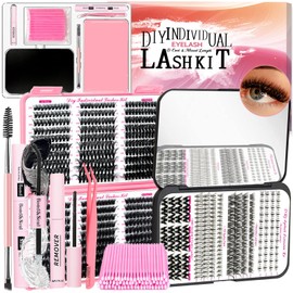 QUKLOGEN DIY Fluffy Lash Extension Kit 802Pcs D Curl 4 styles Individual Lash with Bottom Lash Clusters Lash Bond and Seal,Quick Glue Remover Tweezers Eyelash Brush Mini Applicator