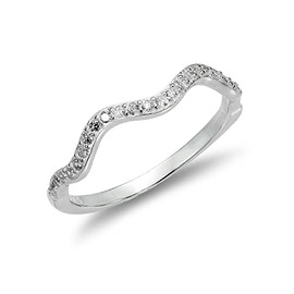 Sterling Silver 2mm Wave Ring with Clear CZ Crystals - UK Size - I (I - U Available)