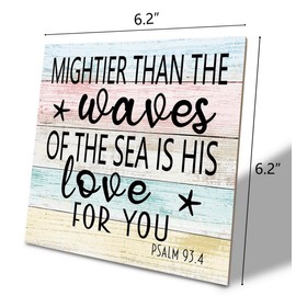 Religious Wood Sign, Psalm 93:4 - Mightier Than the Waves of the Sea is His Love for You, Wood Plaque Table Art Sign, Christian Decor for Home, Farmhouse Table Wall Sign, Religious Home Decor