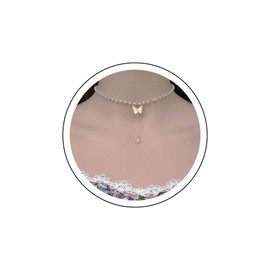 Yienate Boho Pearl Strand Choker Necklace Chain Tiny Pearl Satellite Chain Gold Butterfly Pearl Pendant Necklace Baroque Statement Pearl Necklace Bridal Pearl Y Necklace Jewellery for Women