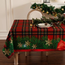 Joyfol Day Winter Holiday Christmas Tablecloth, Plaid Printed Fabric Table Cloth, Stain Release Table Cover for Xmas Party Decoration (54 X 54 INCH, Square)