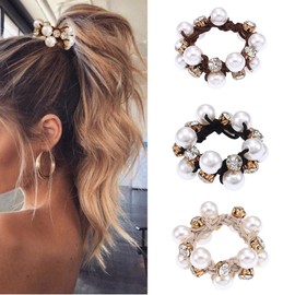 Yean Hair Bobbles Black Elastic Hair Bobbles Beads Hair Bands Crystal Hair Ropes Hair Accessories for Women and Girls (Pack of 3)