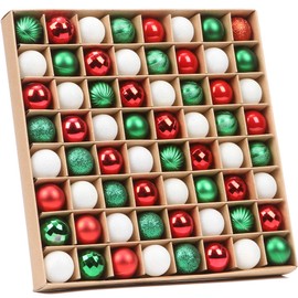 Sea Team 64-Pack Mini Christmas Ball Ornaments with Strings, 30mm/1.18-Inch Small Baubles, Shatterproof Plastic Christmas Bulbs, Hanging Decorations for Xmas Tree, Wreath, Garland (Red, Green, White)