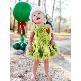 ZZLBUF Baby Girl Christmas Costume Infant Furry Sleeveless Halter Romper Dress Bodysuit Clothes Xmas Outfits Gifts (Furry Heart Green, 0-6 Months)