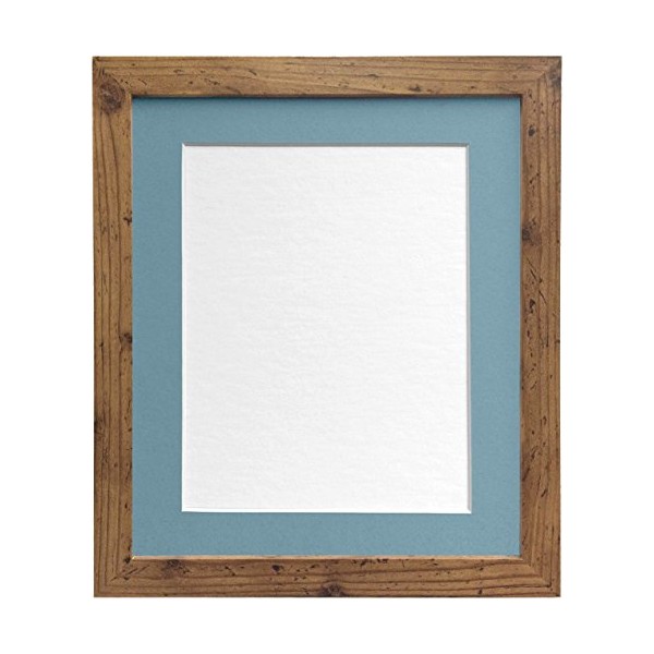 FRAMES BY POST 25mm wide H7 Rustic Oak Picture Photo Frame with Light Blue Grey Mount 10"x8" for Pic Size 7"x5"