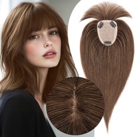 S-noilite Hair Toppers for Women Real Human Hair, 100% Human Hair Toppers with Bangs for Thin Hair,3.5"*4.7" Handmade Nature-mimicking Scalp Base 10” Dark Brown