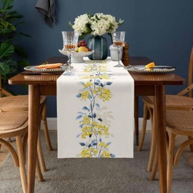 Summer Table Runner 70 Inches Long Spring Flower Wild Leaves Seasonal Runner for Tables Dining Room Blue White Yellow Floral Holiday Dinner Runner Party Table Decoration
