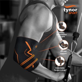 TYNOR Elbow Brace Compression Support for Women & Men - Elbow Support Sleeve for Elbow Treatment, Workouts, Weightlifting, Stretchable Straps for Perfect Fit, Black & Orange, Medium, 1 Unit