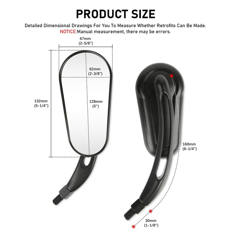 DREAMIZER Motorcycle Mirrors, Universal M8 Black Motorcycle Rear View Side