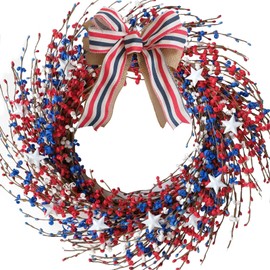 Idyllic 18 Inch Patriotic red White Blue Berries Leaves Wreath for Front Door, Memorial Day Burlap Bow Wreath for Home Decor, Independence Day Forth of July Wreath for Indoor and Outdoor