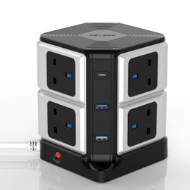 [New Version]BESTEK USB C PD 20W 8 Way 4000J Surge Protection Power Tower Extension Lead Cord, 8 Gang Power Strip Socket Plug with Type-C Slots & 2 USB Ports, 1.8m/3250W (Black)