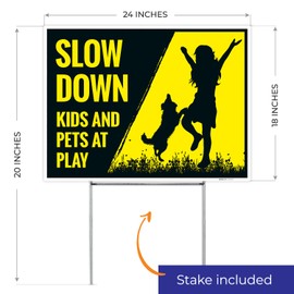 Slow Down Kids and Pets at Play Sign, (2 Pack) Double Sided 18x24 Inches, Corrugated Plastic with Metal H Stake, Made in USA