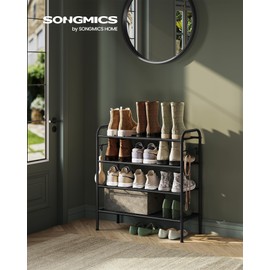 SONGMICS Shoe Rack, 4-Tier Shoe Organizer, Metal Shoe Shelf Storage with 4 Side Hooks, Holds 16 Pairs of Shoes, Height-Adjustable Shoe Rack for Entryway, Hallway, Closet, Easy Assembly, Ink Black