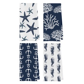 Geqtt Ocean Themed Dish Towels Set - Navy Coastal Nautical Waffle Weave Kitchen Towels, Navy Blue Ocean Themed Hand Tea Towels, Coastal Bathroom Decor (16×24 Inches Set of 4)