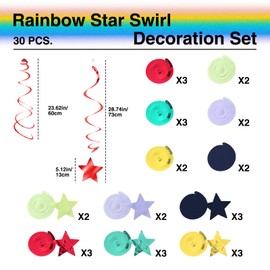 Rainbow Star Hanging Swirl Decorations – 30 Pack Foil Ceiling Streamers with Die-Cut Stars for Birthday Party, Celebration, Baby Shower, Rainbow Theme Decor