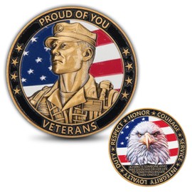 Veteran Challenge Coin for Men – Military Retirement Commemorative Coin with Bald Eagle and Soldier Design – Army Navy Marine Corps Gift for Veterans – Includes Acrylic Case