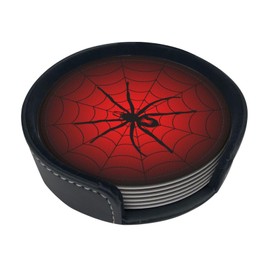 Spider Coasters for Drinks with Holder Leather Coasters Set of 6 Cute Halloween Drink Coasters Sets for Living Room Kitchen Coffee Bar Table
