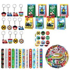 Yhjxly 86 Pieces Train Party Bags, Train Party Accessories, Includes Train Gift Bags Keyring, Gift Bags, Slap Bracelets, Key Fob Stickers for Children's Birthday Bags Packaging