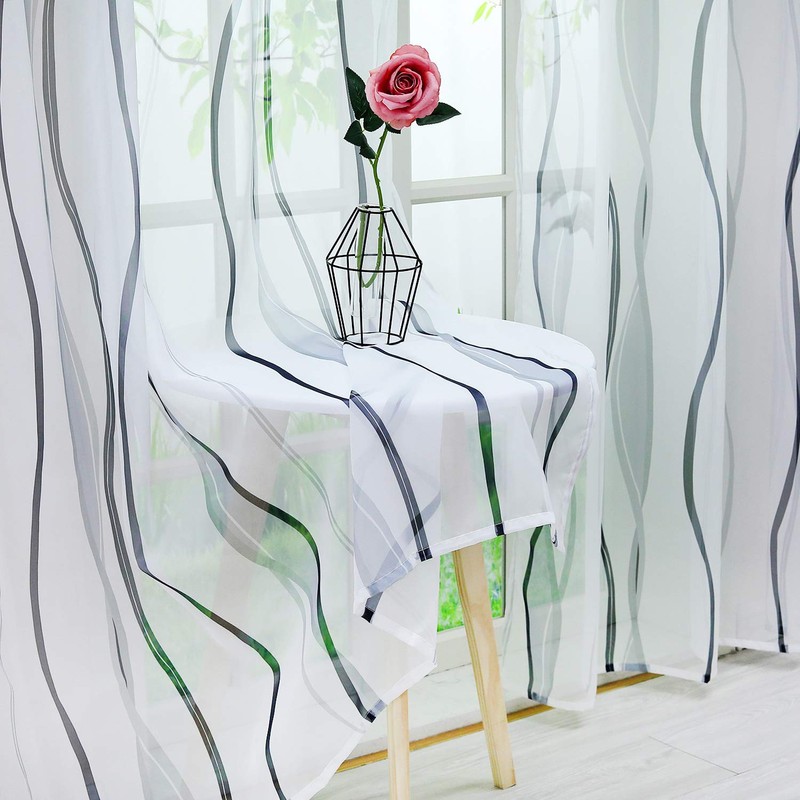 ESLIR Curtains with Tab-Top Curtains Transparent Waves Pattern Voile Grey