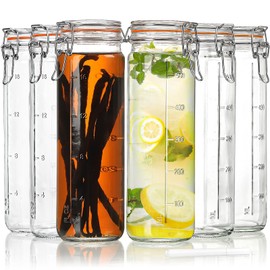 [Upgraded] 20 oz Glass Jars with Airtight Lids for Vanilla Extract, 6 Pack Glass Juice Bottles with 2 Measurement Marks, Glass Food Storage Canister Set For Beans, Spice, Tea, Drink, Milk. 600ML