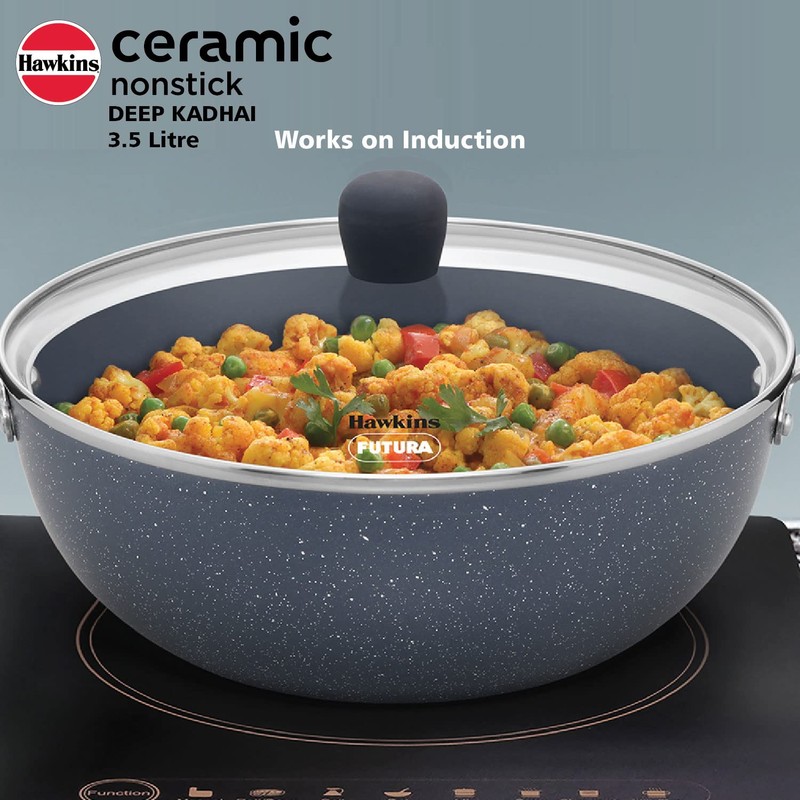 HAWKINS Ceramic Nonstick 3.5 Litre Deep Kadhai, Induction Deep Fry