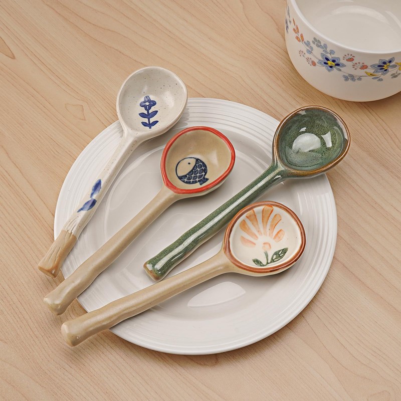 JANKOW 4 Pack Japanese Ceramic Soup Spoons, Long Handle Japanese