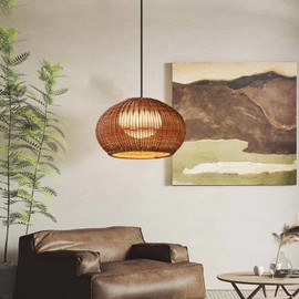 MIXL- Hand-Woven Rattan Pendant Light,Waterproof Outdoor Lighting Fixture,Adjustable Pendant Hanging Lamp,Vintage Style Hanging Light for Garden Patio and Yard